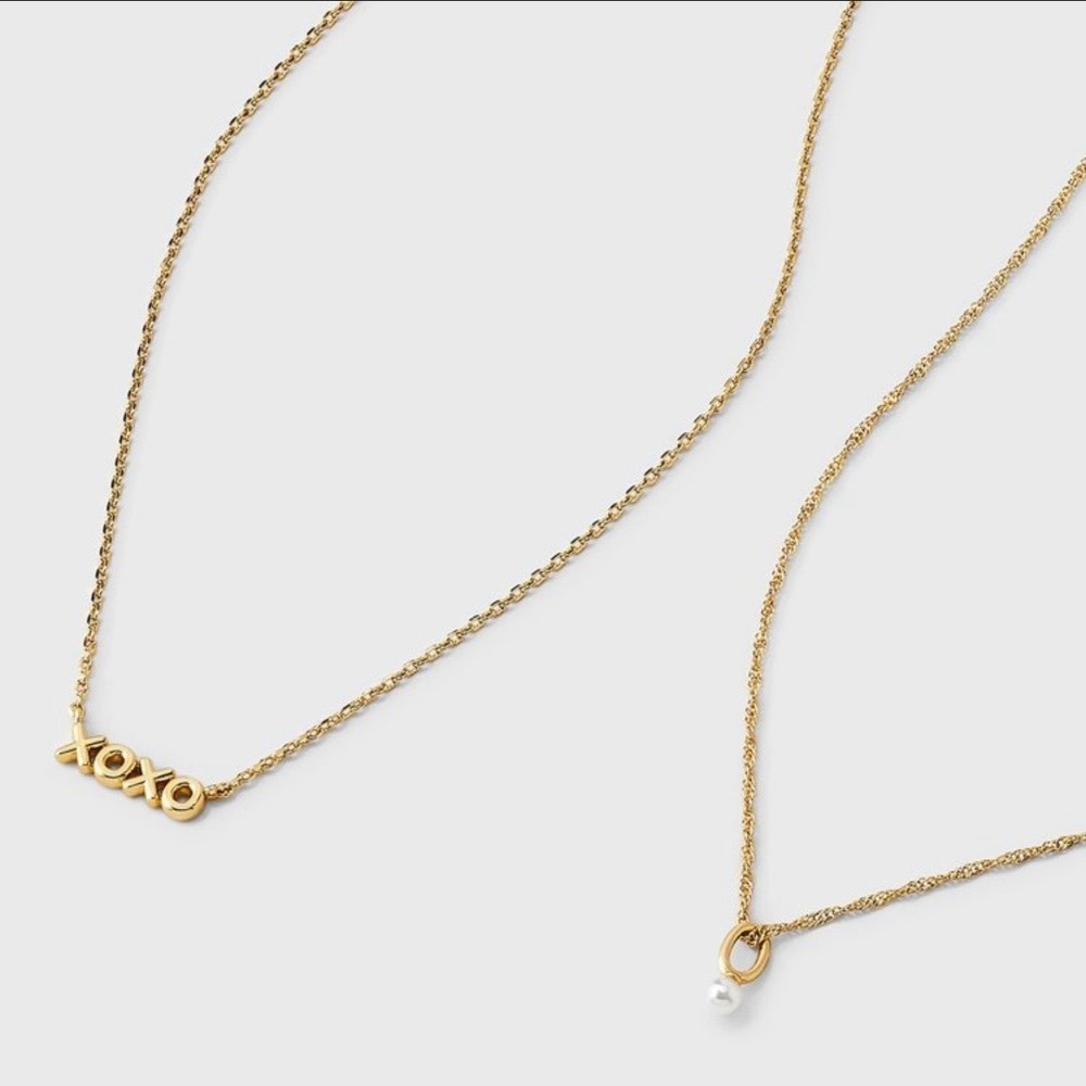 A New Day 14k Gold Dipped XOXO and Pearl Layered Necklace Set 16-18 Inch New - Picture 6 of 6